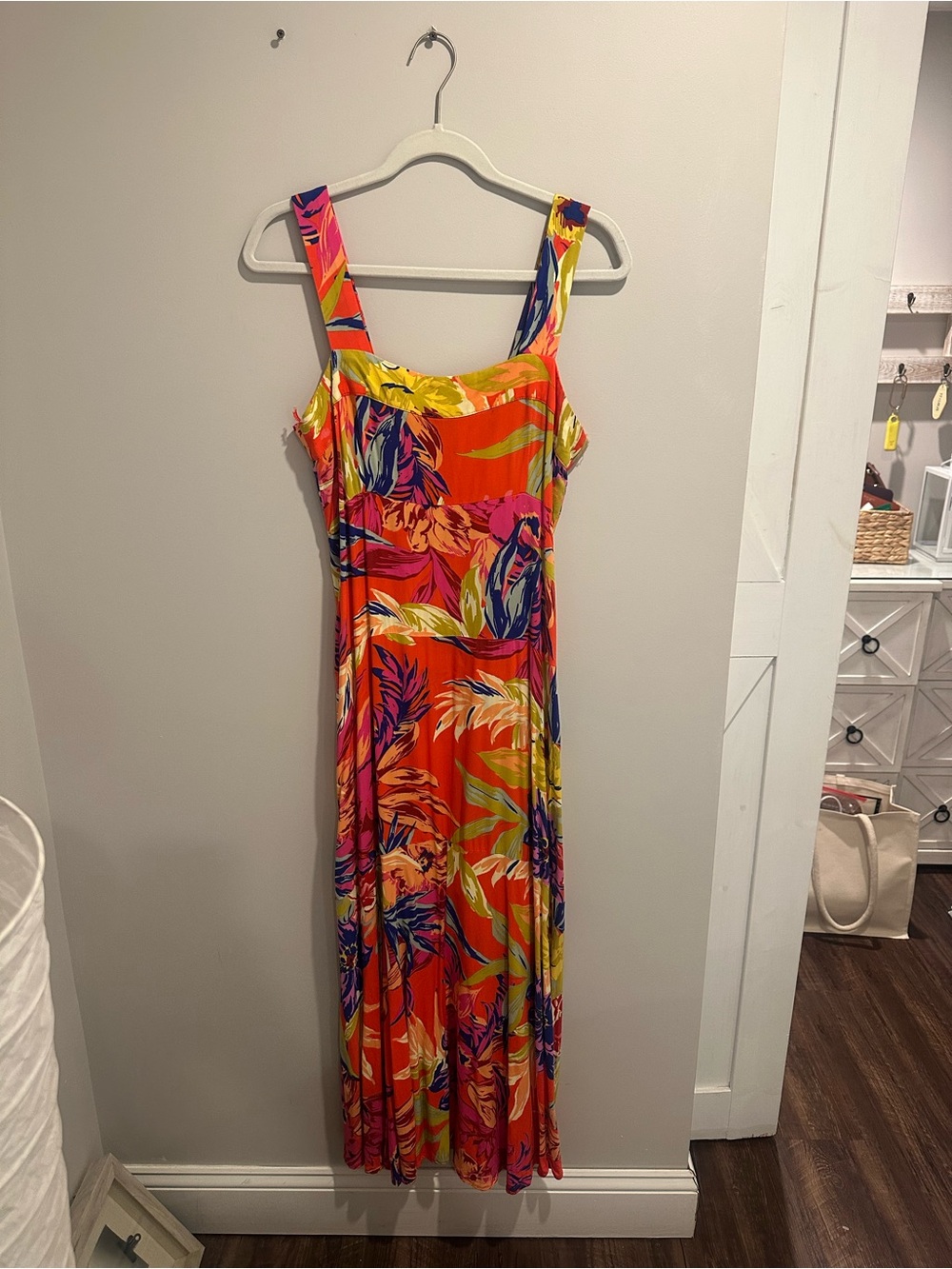 1. State Orange Tropical Maxi Dress with Pink, Purple & Yellow Print